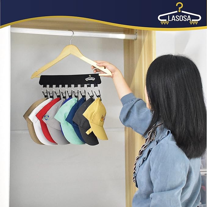 LASOSA Hat Organizer for Closet, Set of 2 - Space-Saving Cap Rack for Baseball Hats, Beanies, Scarves and More - Portable, Adjustable and Easy to Install - Premium Quality, Durable Design (Black)