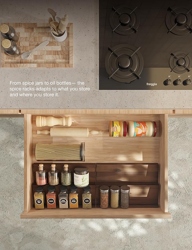 Tinamo Acacia Wooden Spice Rack Organizer for Cabinet - Spice Drawer Insert, Spice Organization for Cabinet, Seasoning Organizer, Spice Holder Pack of 4 (Walnut, Pack 4)