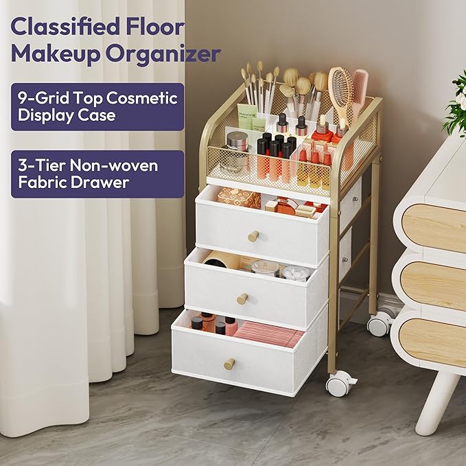 SWTYMIKI Rolling Makeup Organizer Cart - Under Desk Vanity Makeup Storage with 3 Non-woven Drawers, Nail Cart Organizer Cosmetic Display Cases Cabinet for Skin Care Perfume Nail Polish Brush Hair Tool