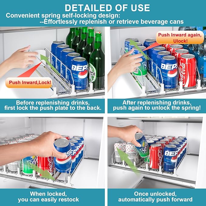 Upgraded Drink Organizer for Fridge, Space-Saving Fridge Drink Organizer, Automatic Pusher Glide and Adjustable Width Drink Dispenser for Fridge - Holds Up to 25 Cans (5 Rows White)