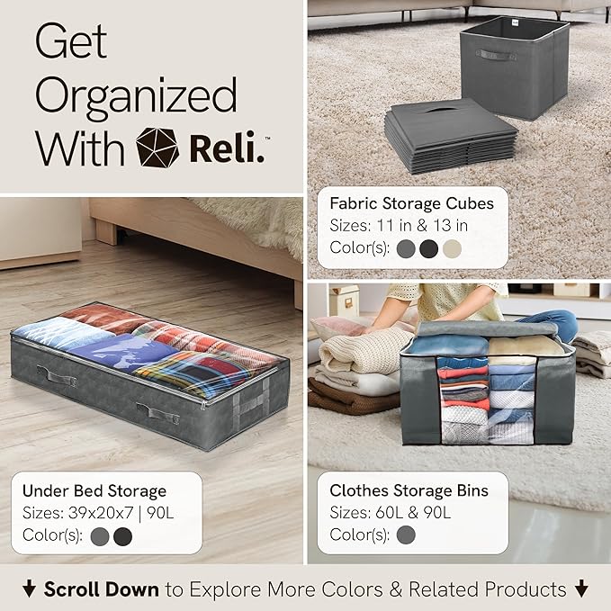 Reli. 90L Under Bed Storage Containers (4 Pack) | Closet Organizer with Clear Window | Underbed Storage Bins for Towels, Sweaters, Linens | Large Organizer for Closet (Gray)