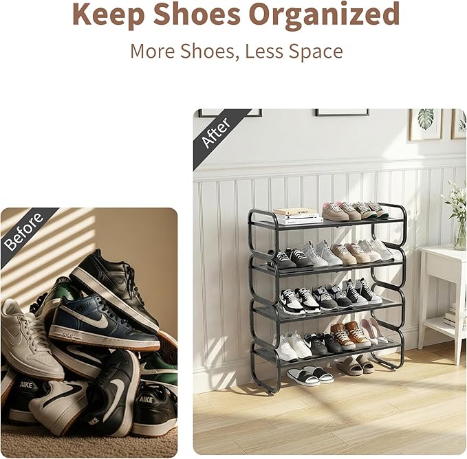 4Tier Shoe Rack - Expandable Shoe Organizer for Closet, Adjustable Metal Shoe Shelf Storage, Stackable Long Shoe Stand Holder for Garage, Entryway, Door Entrance