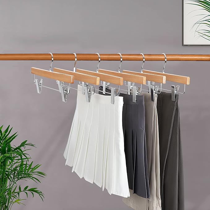 TOPIA HANGER Pants Hangers, Luxury Natural Wooden Skirts Hangers with 2 Big Premium Metal Clips and 360° Swivel Anti-Rust Flat Hook, 20 Pack Boutique Hanger for Skirts, Trousers, Jeans, Slacks, CT03N