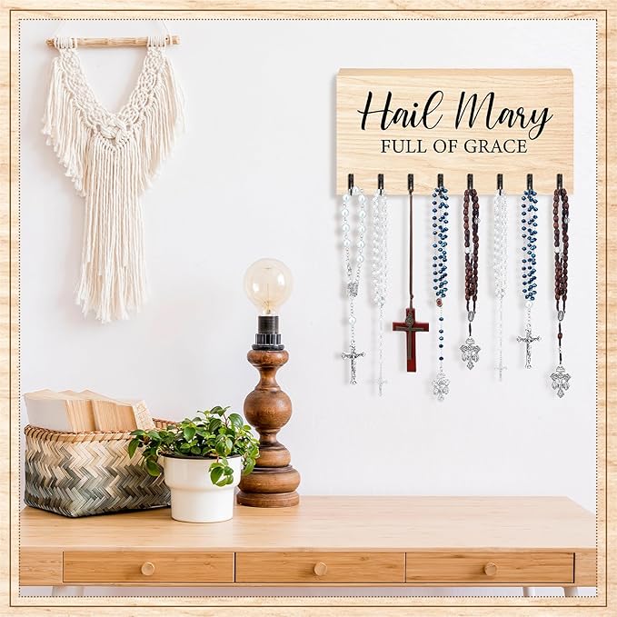 Colingmill Large Wooden Rosary Holder Wall Mounted with 8 Hangers Catholic Rosary Storage Organizer Decorative Hanger Holder for Necklace, Bracelet Prayer Storage (Natural)