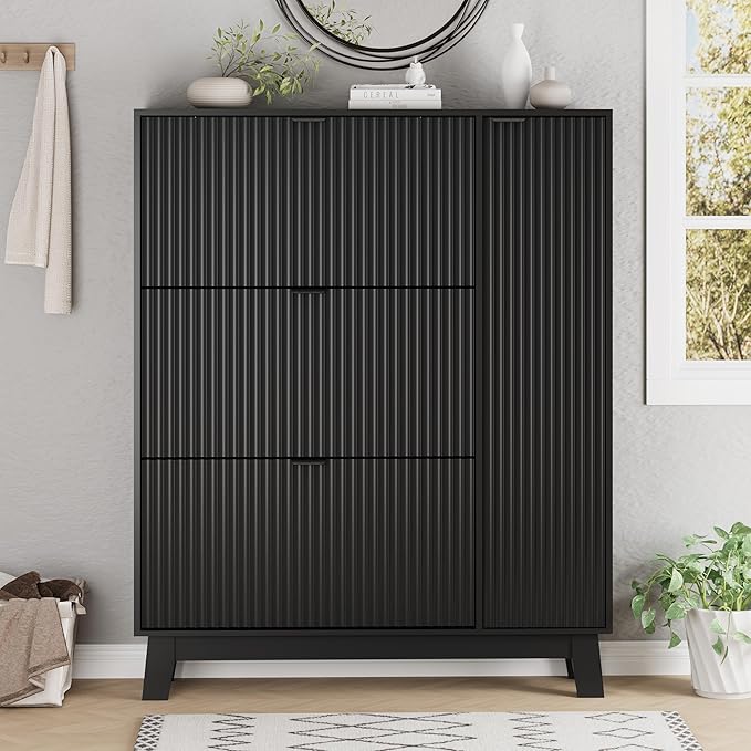 Xixini Shoe Cabinet with 3 Flip Drawers, 54" Tall Narrow Fluted Shoe Storage Organizer for Entryway, Hidden Wooden Shoe Rack with Adjustable Side Cabinet for Front Door Entrance, Hallway, Solid Black
