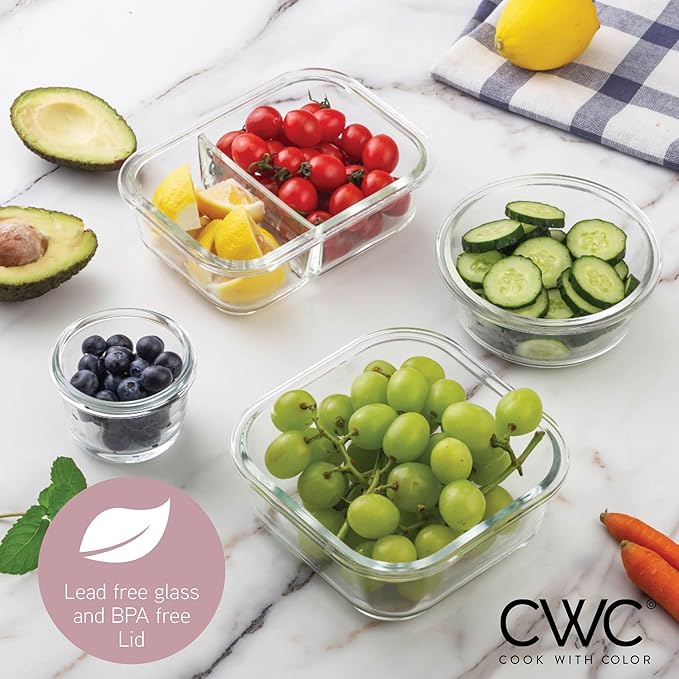 COOK WITH COLOR Premium 32-Pc. Borosilicate Glass Food Container Set with Dividers - 4 Rectangles, 8 Rounds, 4 Squares - Leakproof Lids - Meal Prep, Storage, Pink