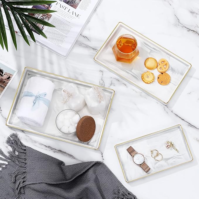 Luxspire Bathroom Vanity Tray, 11" Marble Ceramic Bathroom Trays for Counter, Bath Tray for Dresser, Kitchen Counter Tray, Perfume Tray, Bathroom Accessories, Medium, Marble White