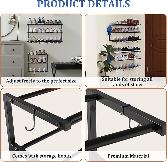 Wall Mounted Shoe Rack, 3 Tier Hanging Shoe Rack Holds 12 Pairs, 17"-30" Adjustable Heavy Duty Metal Shoe Organizer Holder with 2 Storage Hooks, Space Saving for Closet Entryway Doorway(Black