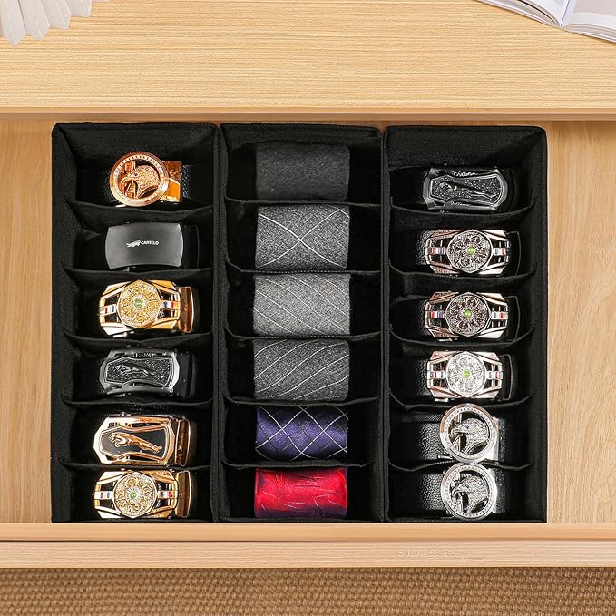 3 Pack Fabric Belt Organizer with 6 Grids per Organizer, Foldable Drawer Organizers for Closet and Drawer, Belt and Tie Holder - Black