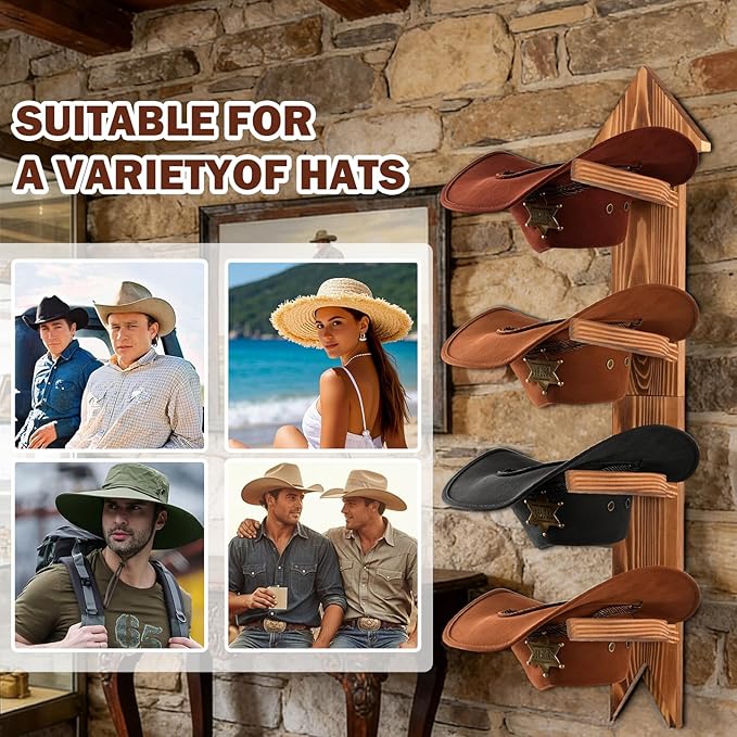 Cowboy Hat Holder for Wall, Wooden Rustic Farmhouse Hook Rack- Holds up to 4 hats(Brown)