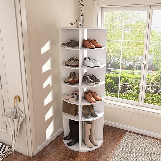 Runboll 6-Tier Rotating Shoe Rack Tower Spinning Shoe Display Lazy Susan Storage Tower, Free Standing 360 Revolving Shoe Organizer for Living Room Entryway Doorway
