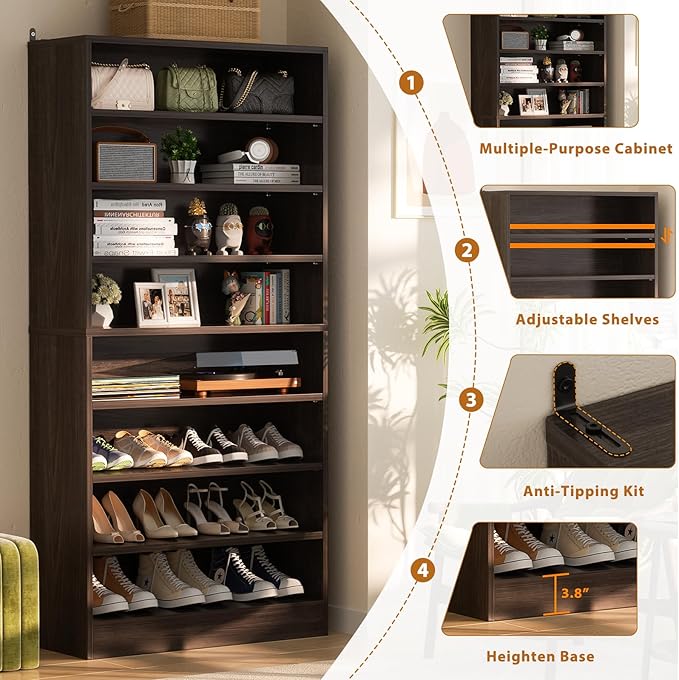 Homieasy Tall Shoe Cabinet, 9-Tier Wood Shoe Rack Organizer Cabinet for Closet, Freestanding Shoe Storage Cabinet with Adjustable Shelves for Entryway, Bedroom, Dark Walnut