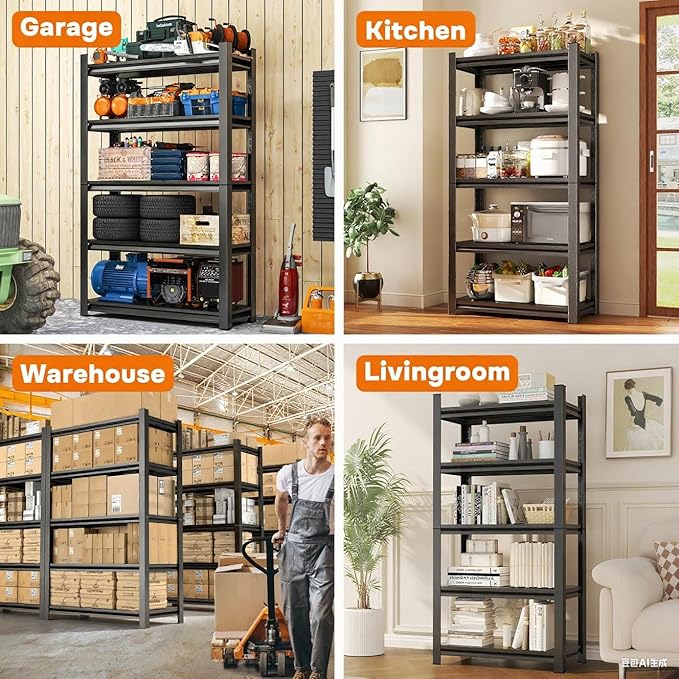 48"W*24"D Metal Garage Shelving, 5-Tier Heavy Duty Storage Shelves with Side Fences, Easy to Assemble, Adjustable, Steel Utility Shelf Rack for Warehouse, Pantry, Closet, Black, 73 Inches High