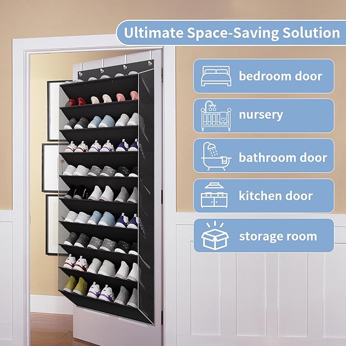 TAHAVICE 10-Tier Large Size Over The Door Shoe Organizer, Holds 30 Pairs Hanging Shoe Rack with Deep Pockets for Closet, Space-Saving Storage for Sneakers, Boots (Black)