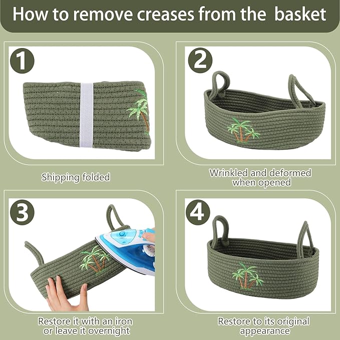 Vesici Coconut Palm Tree Woven Storage Basket for Toilet Tank Top Tropical Beachy Cotton Rope Bathroom Countertop Organizer Basket with Handle Summer Green Bathroom Decor for Bedroom, 13 x 6 x 4 Inch