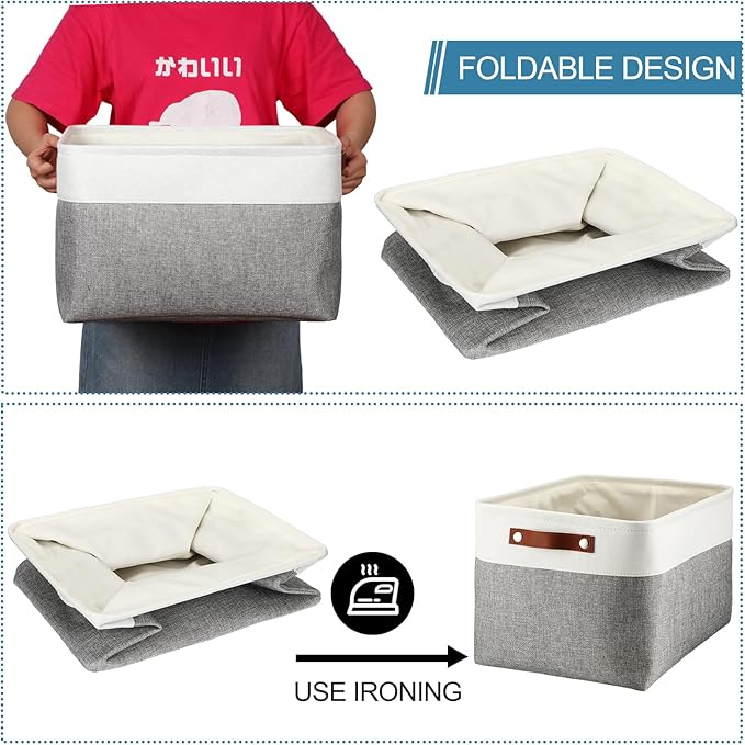Uiifan 10 Pcs Collapsible Storage Bins Fabric Foldable Storage Basket with Handles Cloth Organizer Linen Shelf Baskets for Shelves Home Closet Nursery Toys(16 x 12 x 10 Inch,Gray and White)