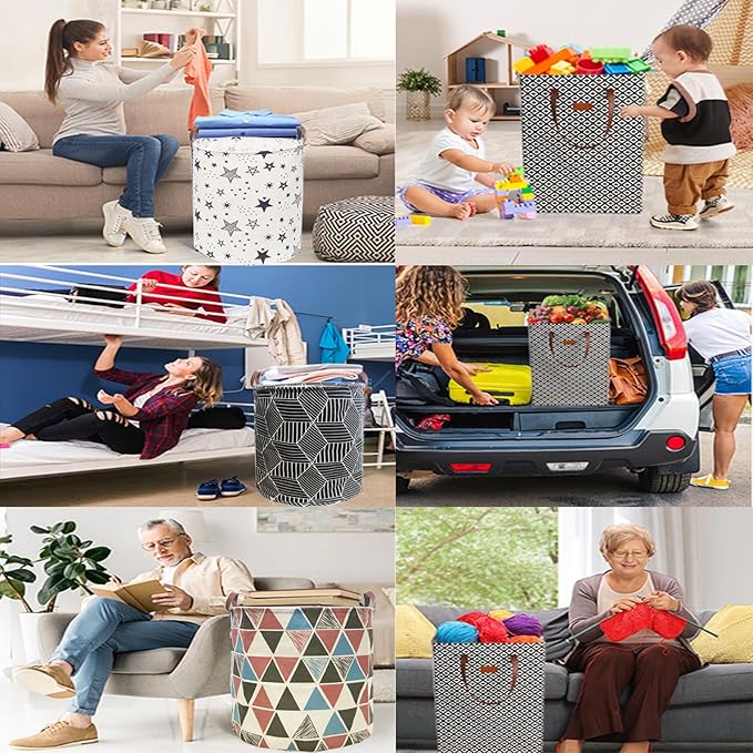 Waterproof Laundry Hamper Collapsible Laundry Basket Leather Handle Laundry Bag Large Clothes Storage Toy Organization for Bathroom Bedroom Laundryroom College Dorms (Caisanjiao-001)