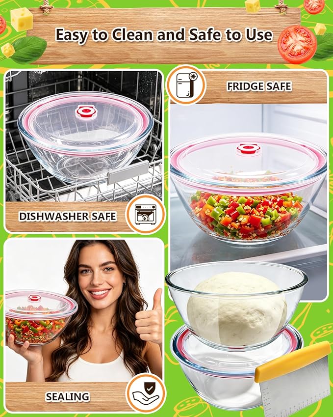 2 Pack Pizza Dough Proofing Container, 2000ML Glass Proofing Box with Clear Airtight Lid, Stackable Fermentation Storage for Dough Balls & Bread, Includes Cutter