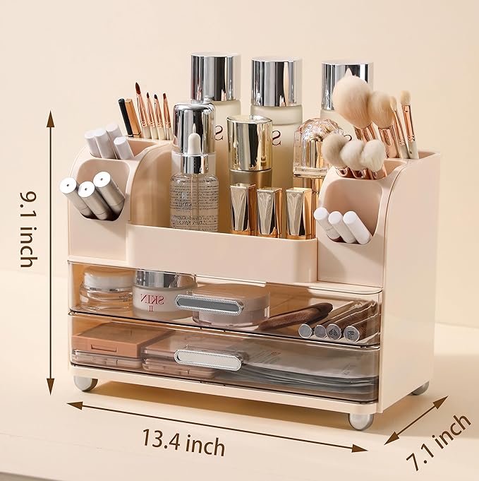Anyoifax Makeup Organizer Countertop with Large Drawers, Vanity Organizer with Brush Holder, Skin Care Storage for Dresser, Perfume Organizer for Lotion, Lipsitck, Palette, Beige