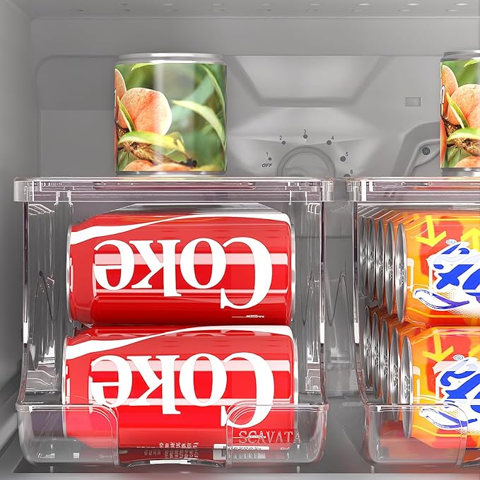 SCAVATA 2 Pack Stackable Refrigerator Organizer, Soda Can Dispenser Pop Cans Container Beverage Holder with Lid for Fridge, Freezer, Kitchen, Clear Plastic Storage Bins-Holds 10 Cans Each