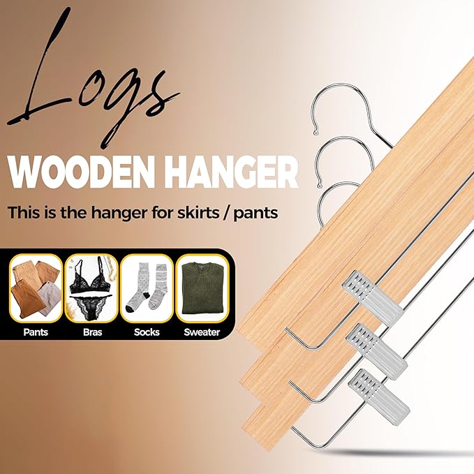 Quality 14" Slim Wooden Skirt & Pant Hangers with Clips – 20 Pack – Space-Saving 0.3" Thin Plywood Hanger – 10 lb Capacity – Adjustable Non-Slip Clips, 360° Swivel Hook (Natural, 20 Pack)