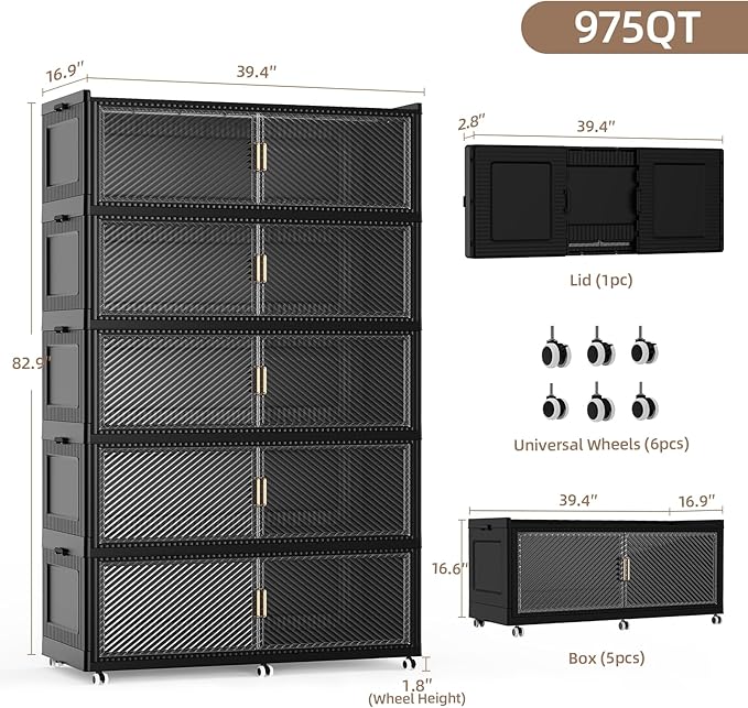 SAILUN 400Gal Extra Large Stackable Storage Bins with a Lid, Collapsible Storage Bins With Doors and Wheels, Foldable Storage Cabinet for Garage Closet Organization, Black, 5Pack 39.4" W