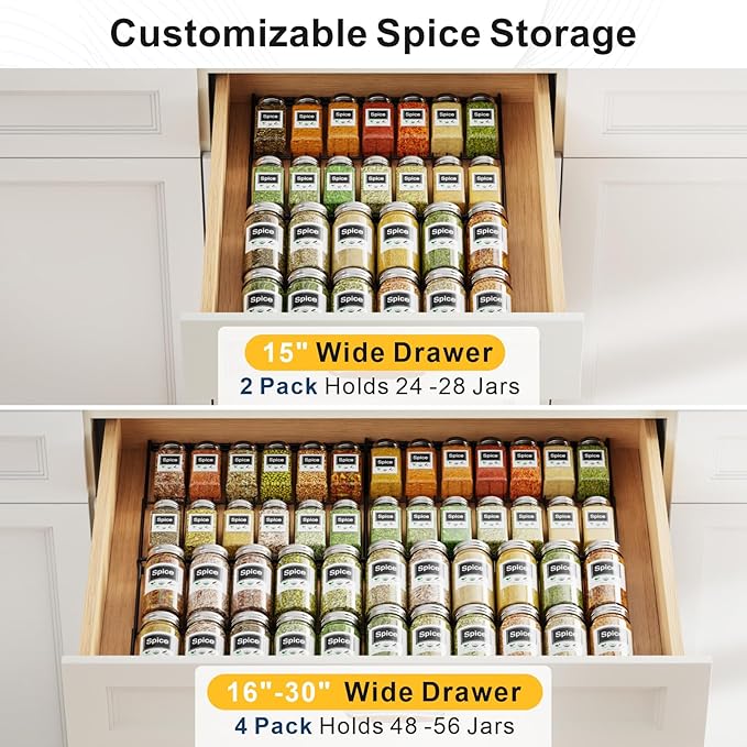 iSPECLE 4 Pack Spice Drawer Organizer, 2-Tier Low Profile Spice Rack Insert for Kitchen Drawers, Fits 15"–30" Wide Drawers, Keeps Labels Visible, No Slip No Rattle, Oil-Resistant Carbon Steel, Black