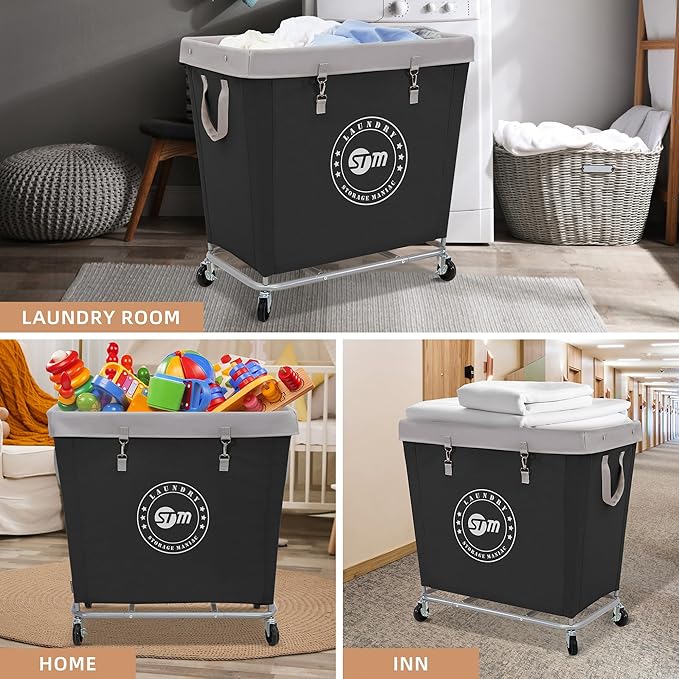 STORAGE MANIAC Commercial Laundry Hamper with Heavy Duty Steel Frame, 320 L Industrial Laundry Basket Cart with Wheels for Hotel, Home, Laundry Room, 31.7''L x 19.3''W x 30.91''H, Large Black