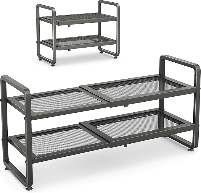 SAYZH 2-Tier Expandable Shoe Rack for Closet, Adjustable Metal Shoe Organizer with Sturdy Mesh Shelves for Boots & Heels, Stackable Shoe Storage for Entryway, Garage, Small Spaces (Grey, 2-Tier)