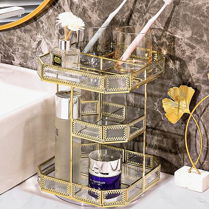ZOOFOX 360 Degree Rotating Glass Makeup Organizer, Large Cosmetics Storage Display Holder with Gold Trim for Vanity, Clear Makeup Carousel for Perfume, Cosmetics, Brushes, Lotion, Lipsticks