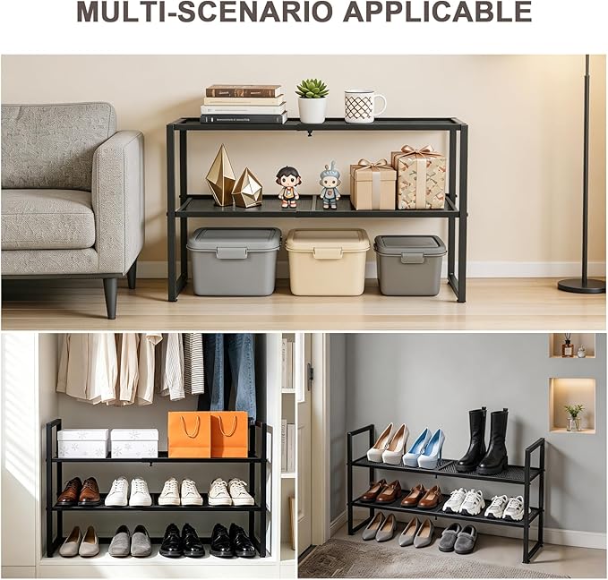 Expandable Shoe Rack,2 Tier Adjustable Metal Shoe Shelf for Closet,Sturdy Free Standing Shoe Storage for Door Entrance,Bedroom,Small Spaces,Black