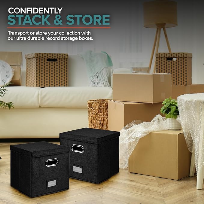 Set of 2 Vinyl Record Storage Box for up to 50+ 12-Inch Albums, Records Crate, LP Album Storage, Fabric Storage Boxes with Lids for Moving, Office, Closet, Home Organizer 13x13x13 (Black)