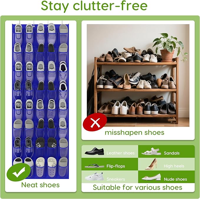 Over the Door Shoe Organizer with 40 Large Breathable Mesh Pockets, Space Saving Shoe Holder, Hanging Shoe Rack for Entryway Bedroom Closet Storage (Navy Blue, 40 Pockets)
