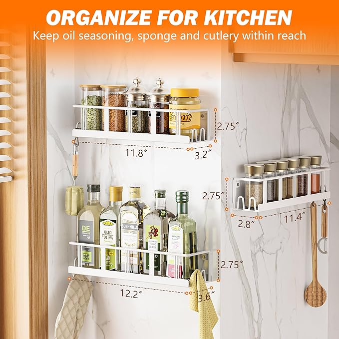 Bunoxea Spice Rack Wall Mounted 3 Pack, Space-Saving Spice Organizer for Spice Jars and Seasonings,Screw or Adhesive Hanging Spice Rack Organizer for Your Kitchen Cabinet,or Pantry Door White