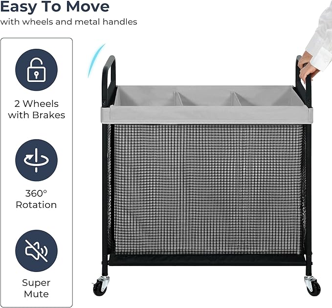 STO STO Laundry Hamper 3 Section, 120L Rolling Laundry Sorter Cart with Removable and Washable Liner Bag, Clothes Hamper with Wheels and Metal Handle for Laundry Room and Bedroom, Gray