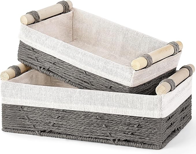 Mkono Woven Storage Basket Wicker Baskets for Organizing Toilet Paper, Decorative Bins with Handle for Toilet Tank Top Countertop Shelves, Decor for Bedroom Living Room Apartment, Set of 2, Grey
