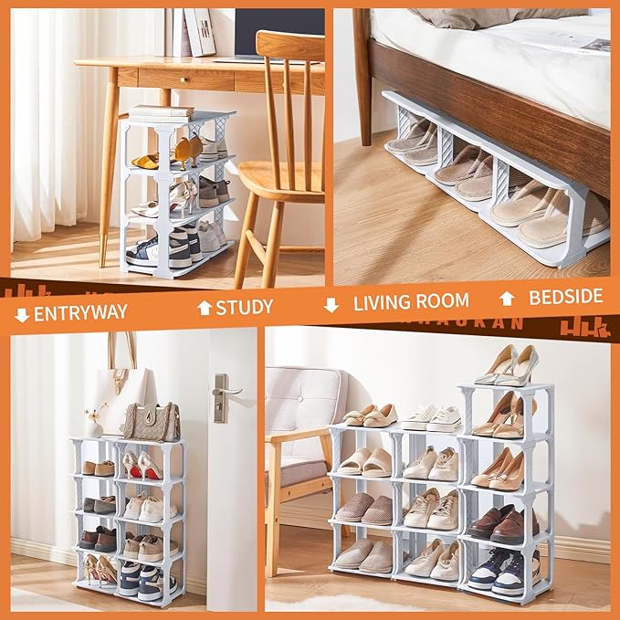 5 Tiers Vertical Shoe Rack, Narrow Free Standing Shoe Storage Organizer for Entryway and Small Closet, Stackable Shoe Holder Shelf Stability DIY, Grey