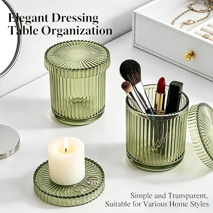 2 Pack Glass Qtip Holder Dispenser Set - Bathroom Organizer for Cotton Swabs, Balls, Pads, Floss Picks - Clear Apothecary Jars for Vanity, Makeup Storage, Bathroom Accessories Decor (Olive Green)