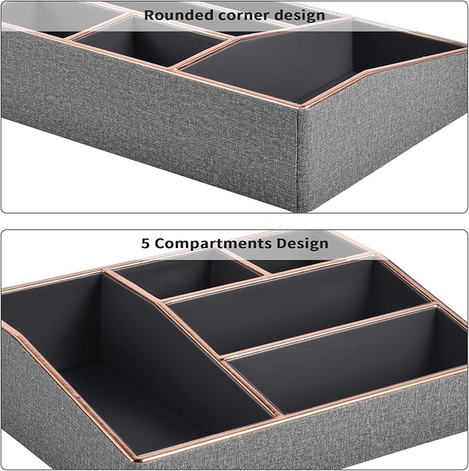 PU Leather Makeup Organizer Tray,Large Vanity Organizer,Cosmetic Storage Box for Lipstick Brushes Skincare Perfume,Cosmetic Display Case Rose Gold-trimmed for Dresser,Bathroom Countertop(Grey)