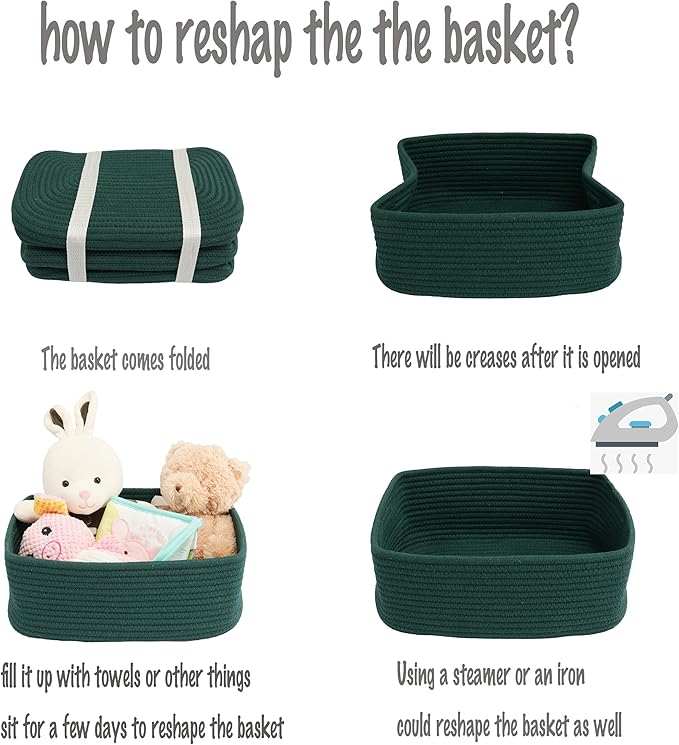 XUANGUO Small Woven Storage Baskets 13“X9”X5“ Decorative Rope Bins for Organizing Shelves, Closets, and Toys, Empty Gift Baskets, Cute Organizer Basket for Home and Office (dark green, Large)