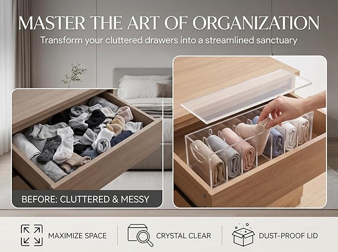 Acrylic Belt Organizer with Dust Cover – Clear Belt Storage Box for Closet or Drawer, Belt and Tie Display Holder Case with 7 Compartments for Men and Women