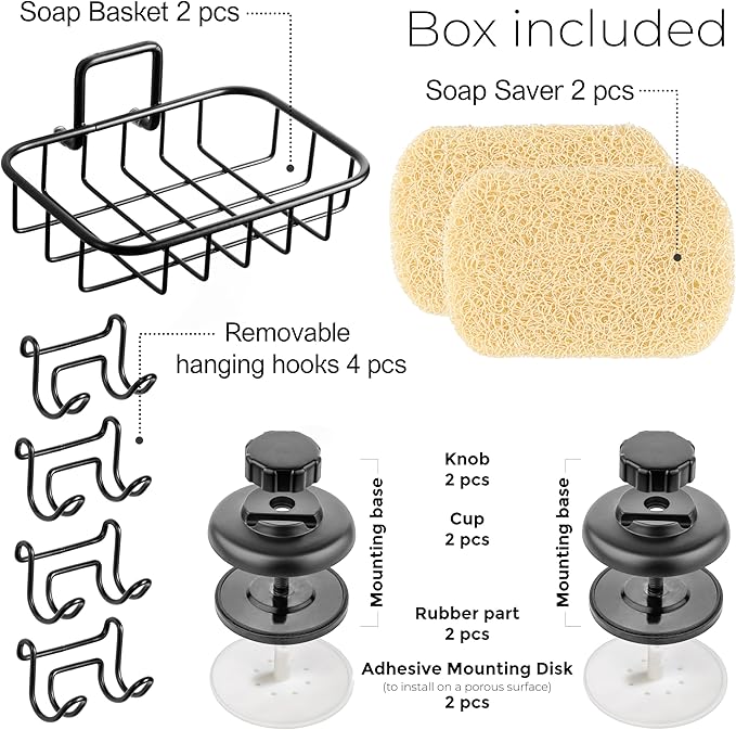 HASKO 2 Pack Suction Cup Soap Dish for Shower Wall, Rustproof Stainless Steel, Shower Soap Holder with Hooks, Includes Optional No Drill Adhesive Mount for Bathroom, 2 Soap Savers, Black