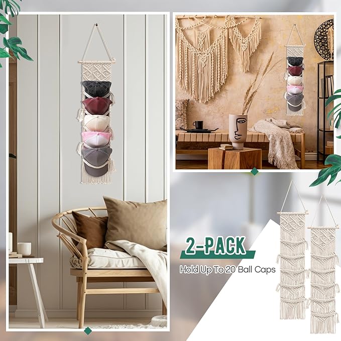 Wonderjune 2 Pcs Baseball Cap Holder, Boho Macrame Hat Organizer for Wall, over the Door Hat Rack for Decoration and Display Handmade Hanger for Baseball Holder up to 20 Caps(White)