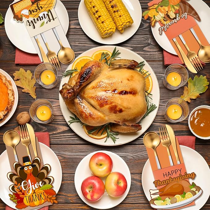 Qeeenar 48 Pcs Thanksgiving Cutlery Holder Fall Cutlery Wraps Bag Silverware Bags Turkey Utensil Silverware Holder Cutlery Pouch Holder for Table Decoration Autumn Harvest Party Supplies, 8 Styles
