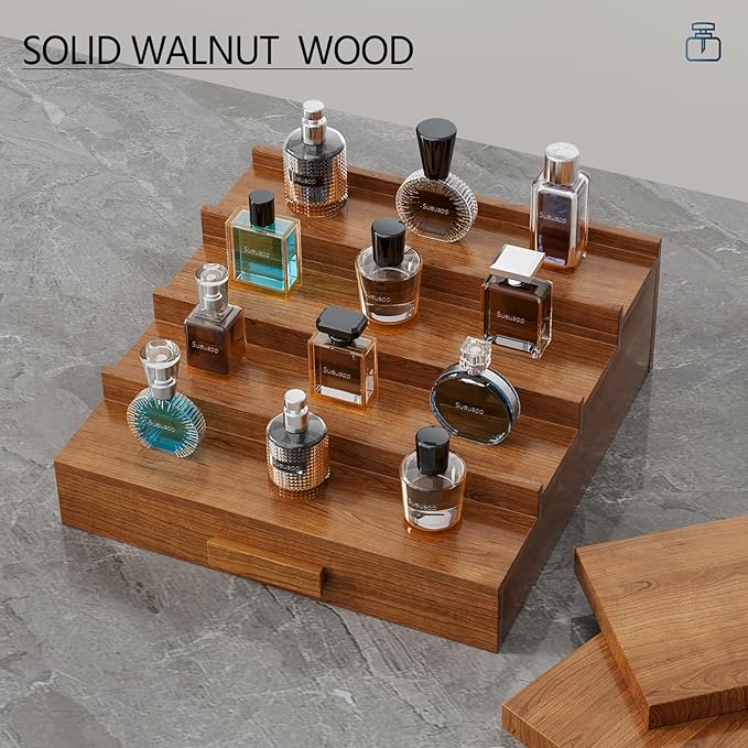 Cologne Organizer for Men,4 Tier Walnut Wood Cologne Stand,Cologne Shelf Display Holder with Hidden Storage and Drawer,Perfume Stand Organizer Great Gifts for Men