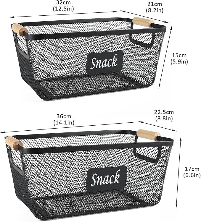 Snack Organizer for Pantry Shelf, 2 Pack Metal Mesh Snack Basket Storage with Wooden Handles, Snack Bin for Snack Bar Station, Kitchen Cabinet Pantry Organizers and Storage