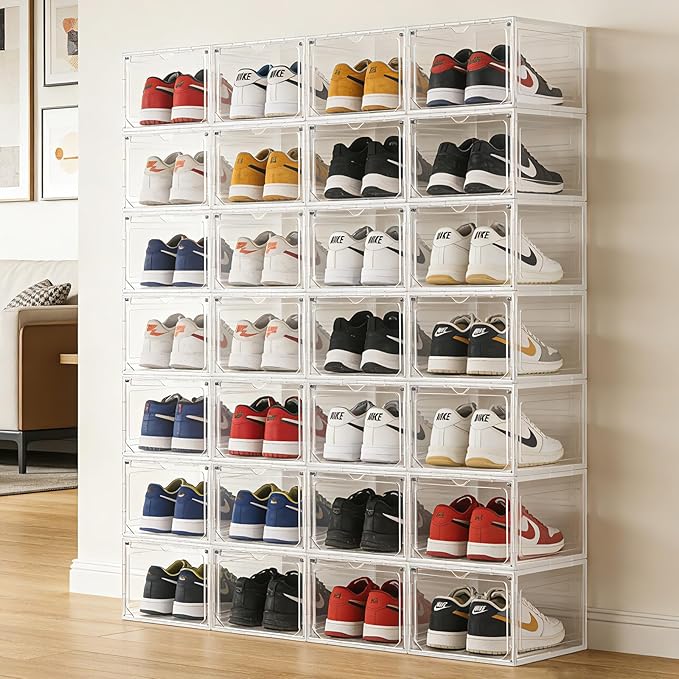 Stackable Storage Shoe Box with Magnetic Side Opening Door, Thick and Sturdy Transparent Plastic, Suitable for Floor Standing Shoe Racks and Storage in Wardrobes - 6Pcs