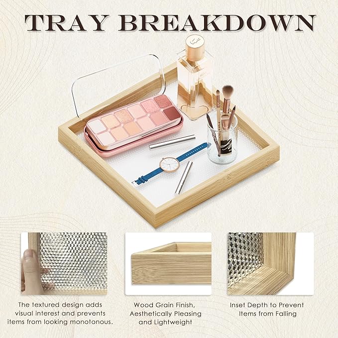 Small Bathroom Countertop Tray Set of 4 for Vanity and Toilet Tank, Stackable Desk Drawer Organizer, Wood Color