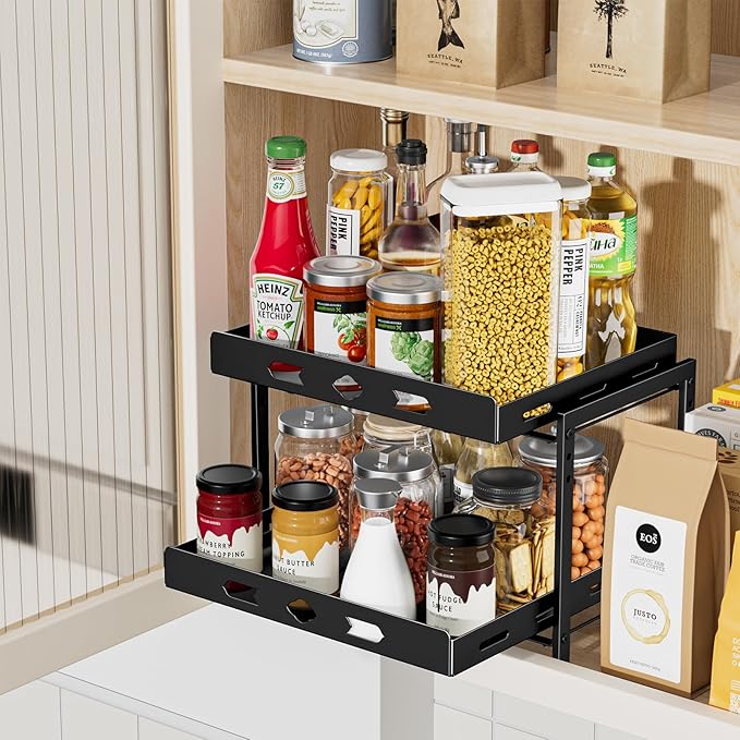 BOIVSHI Spice Organization for Cabinet, 2-Tier Cabinet Spice Rack, Height Adjustable Vertical Spice Rack Pull Out for Kitchen, Cabinet, Pantry (14.1''Wx10.8''Dx9.2''H, Metal Black)