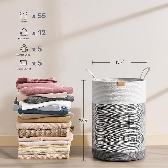 Nunsino Laundry Hamper 75L,Large Laundry Basket for Clothes,Decorative Storage Basket for Blankets,Cotton Rope Woven basket for bedroom,Grey White
